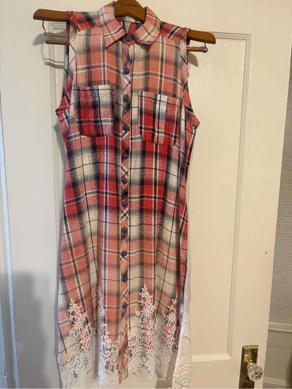 Aratta Sleeveless Red Plaid Shirt Dress with Lace Trim NWOT